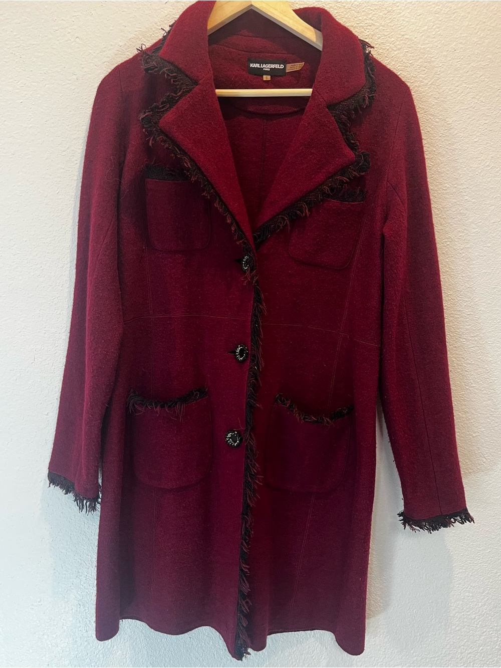 Karl Lagerfeld Burgundy Fringe Trim Coat wool